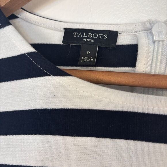 Talbots Womens P Navy Blue and White Stripe Short Sleeve Tee Tshirt Top Zipper - Picture 3 of 7